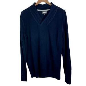 Express | Men's Navy Blue Ribbed V-neck Long Sleeve Cotton Knit Sweater